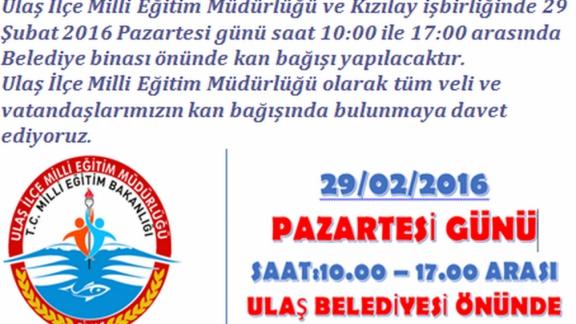 İlçe Milli Eğitim Müdürlüğü ile Türk Kızılayı Tarafından Ortaklaşa Düzenlenen Kampanya ile Kan Bağışı Toplanacak.